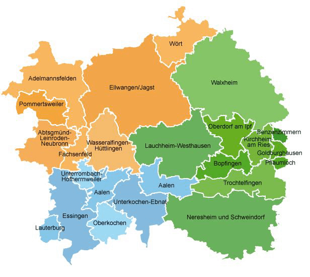 Karte des Kirchenbezirks Aalen mit Regionen